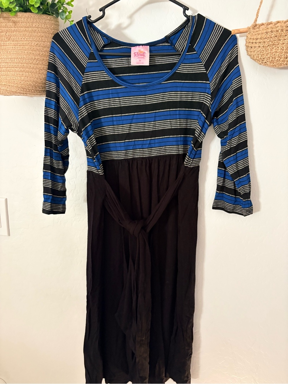 Maternity Blue & Black Striped Dress with Tie
